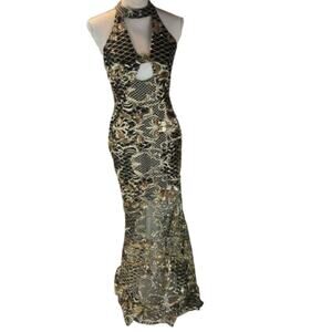 L'atiste Womens Dress Black Gold Size M Sequined Maxi Sheer Dress w/ Mini Sheath